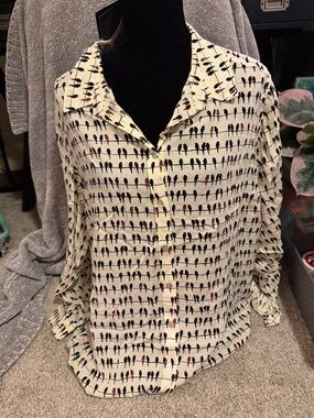 Jane and Delancey Cream Button-Down Top with Black and Red Bird Print